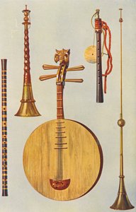 楽器中国のティートゥ、ソナ、ユエチイン、日本のヒジリキ、中国のラパ（カラーリトグラフ） 作： William Gibb