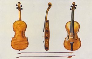 楽器ヴァイオリン、ヘリエ・ストラディヴァリウス、フルートで有名な2本の古い弓（カラーリトグラフ） 作： William Gibb
