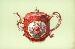 チェルシー、クラレット色のティーポット、ワトー作の人物（カラーリトグラフ 作： William Gibb