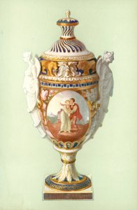 チェルシーダービー ビスケットハンドル付花瓶（カラーリトグラフ 作： William Gibb