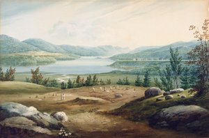 1820年、ニューヨークのウェストポイントにあるハドソン川（段ボールに紙に印刷されたトイレ） 作： William Guy Wall