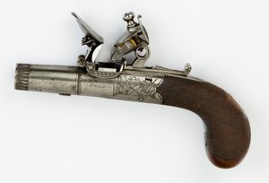 ボックスロック付きフリントロックポケットピストル、1820年頃（スチール、シルバー、ウォールナットウッド） 作： William Hale