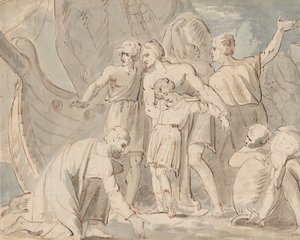 船の近くに男性と少年がいる歴史的題材 recto..., 1770-80. 作： William Hamilton