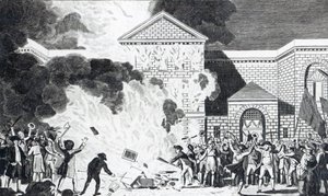 T.ソーントンが刻んだ1780年6月6日、ロンドンの暴徒がニューゲートの新刑務所を発砲し、アッカーマン氏の家具を焼却したときの荒廃 作： William Hamilton