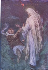海を歩くキリスト、ホダー＆ストートン発行の聖書物語、1930年頃 作： William Hatherell
