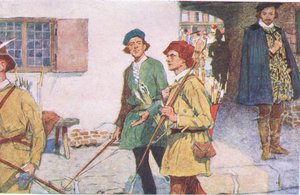 シェイクスピアーは、弓と矢を持った見習いの一団が、マイマガジンpub.1922からムーアフィールズのアーチェリー場に行くのを見ます。 作： William Hatherell