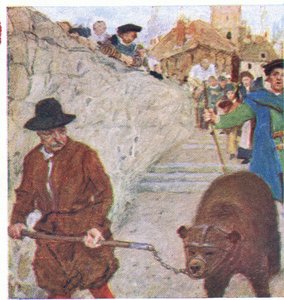 シェイクスピアは、マイマガジンpub.1922から、バンクサイドのベアガーデンに向かう途中でクマを監視しています。 作： William Hatherell