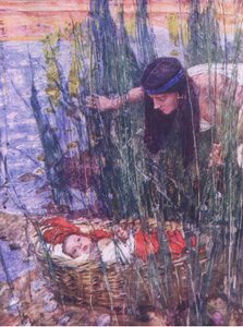 1930年頃にHodder & Stoughton社から出版された「The Bible Story」に掲載されたモーゼの発見（カラーリトグラフ）。 作： William Hatherell
