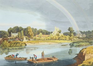 ロバートハヴェルザヤンガー（1793-1878）によって刻まれた、川のほとりにあるシティストーンのあるステーンズ教会1818年発行（アクアチント） 作： William Havell