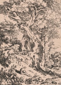 着席した男性像のある木々と低木の研究 作： William Havell