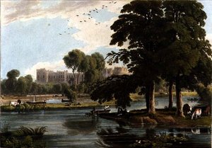 ロバート・ヘイヴル（1769-1832）が彫刻したイートン・カレッジの運動場からウィンザー城を望む 1814年（カラーエングレーヴィング）