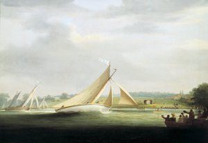 カンバーランド・ソサエティ・レースのヨット、テムズ川（イギリス）、1815年頃、テムズ川でのロイヤル・ヨット・レースの祖先。キャンバスに油彩 作： William Havell