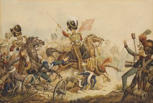 1815年、1820年のワーテルローの戦いで第1ライフガードがフランス大砲に突撃 作： William Heath