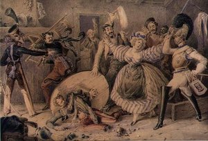 宿屋の喧嘩」1830年頃（紙に水彩、鉛筆、ガッシュで盛り上げたもの） 作： William Heath
