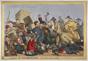 「チャーリーズでの平手打ちまたはトムとジェリーのひばり、ニューポリスビルを見よ」、1829年（手描きのエッチング） 作： William Heath