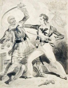 攻めてくるトリポリタンに抵抗するアメリカ海軍士官（水彩・紙 作： William Heath
