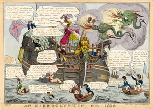 1830 年のパブの象形文字。 1830年の手彩色彫刻。 作： William Heath