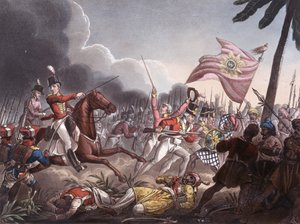 アサイの戦い、1803年9月23日、JCスタドラーによって彫刻、トーマステッグによって出版、1818年4月1日（着色されたアクアチント）