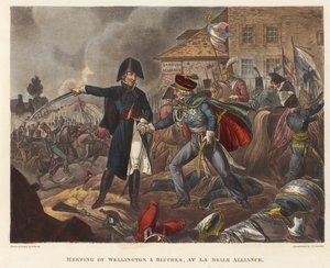 ラベルアライアンスでのウェリントンとブリューチャーの出会い、ジョセフコンスタンティンスタドラー（fl.1780-1812）によるアクアチント、1818年（着色されたアクアチント） 作： William Heath