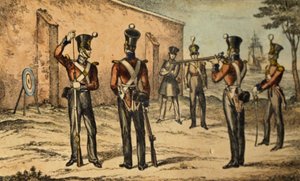 ラウンドターゲット練習での海兵隊員の衣装の提示、1835年頃（手描きのエッチング） 作： William Heath