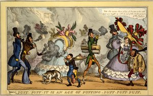 パフ、パフ、パフ、パフ、パフ、パフ、パブの時代です。トス。マクリーン、ロンドン、1827年（手彩色の彫刻） 作： William Heath