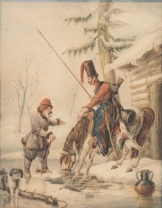 ドン川岸のボートハウスでのロシアのコサック 作： William Heath