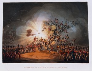 1815年に出版されたトーマスサザーランド（1785-1838）によって刻まれた1813年1月19日、シウダードロドリゴの嵐（カラーアクアチント）
