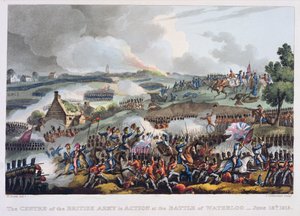 1815年6月18日、ワーテルローの戦いで活動するイギリス陸軍の中心部、「グレートブリテンとその同盟国の1799年から1815年までの武道の成果」から、ジェームスジェンキンス作、トー