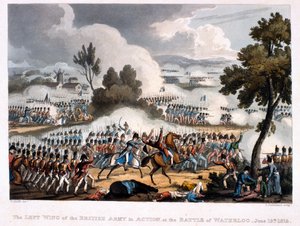 トーマスサザーランドによって刻まれたウォータールーの戦いで活躍しているイギリス軍の左翼、1815年（着色されたアクアチント） 作： William Heath