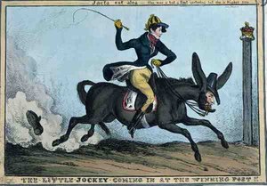 "The Little Jockey Coming in at Winning Post!!!", c.1831 （カラー・エッチング） 作： William Heath