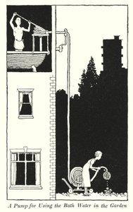 お風呂の水を庭で使うためのポンプ（リトグラフ 作： William Heath Robinson