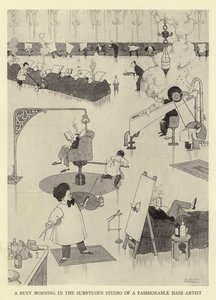 おしゃれなヘアーアーティストの豪華なスタジオで忙しい朝 作： William Heath Robinson