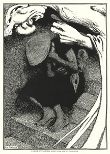 恐ろしい顔をした精霊が地球から現れた（彫刻 作： William Heath Robinson