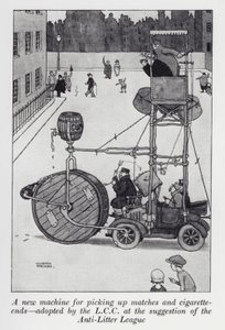 LCCがAnti-Litter Leagueの提案で採用したマッチやタバコの吸い殻を拾う新しい機械（リトグラフ 作： William Heath Robinson