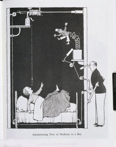 少年への薬の投与、「発明」のイラスト 作： William Heath Robinson