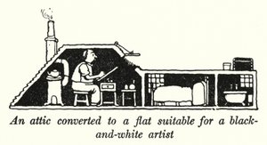 屋根裏部屋を改造したモノクロ作家のためのアパート（リトグラフ 作： William Heath Robinson