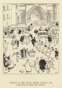 裁判官、陪審員、弁護士および訴訟者の法廷への到着 作： William Heath Robinson