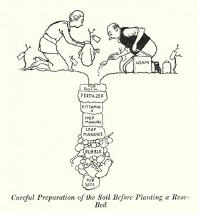 バラの苗を植える前の丁寧な土作り（リトグラフ 作： William Heath Robinson