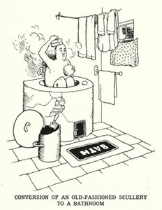 昔ながらの雑用部屋を浴室に改装（リトグラフ 作： William Heath Robinson