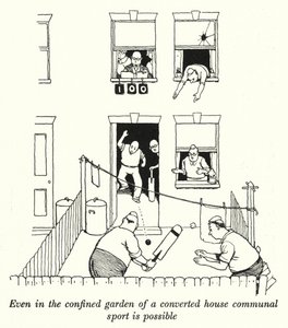 改装した家の狭い庭でも、共同でスポーツができる（リトグラフ 作： William Heath Robinson