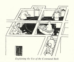 共同浴場の使い方を説明（リトグラフ 作： William Heath Robinson