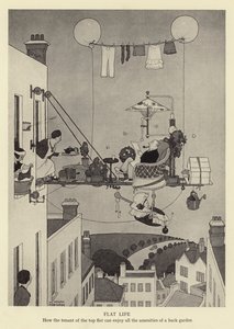 フラットライフ、トップフラットのテナントが裏庭のすべての設備をどのように楽しむことができるか 作： William Heath Robinson