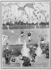 フライングケトルアタック、いくつかの恐ろしい戦争の写真から、1915（印刷） 作： William Heath Robinson