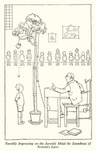 ニュートンの法則の正しさを少年の心に植え付けるために（リトグラフ 作： William Heath Robinson