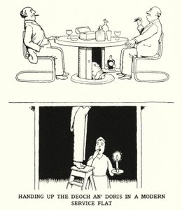 近代的なサービス・フラットでデオク・アン・ドリスを手渡す（リトグラフ 作： William Heath Robinson