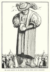 彼はまた、3頭の立派な若いユニコーンを買うようにと言った（リトグラフ）。 作： William Heath Robinson
