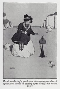 流砂に飲み込まれた紳士が妻に帰りの切符を渡すという英雄的行為（リトグラフ