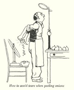 玉ねぎの皮をむくときに涙が出ないようにする方法（リトグラフ 作： William Heath Robinson
