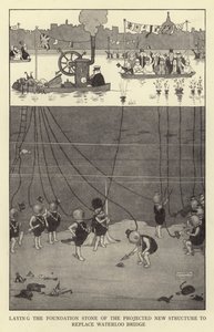 ウォータールーブリッジを置き換えるために計画された新しい構造の基礎石を置く 作： William Heath Robinson