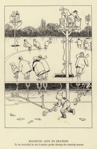 スケートシーズン中にロンドンの公園に設置されるスケーター向けの磁気補助装置 作： William Heath Robinson